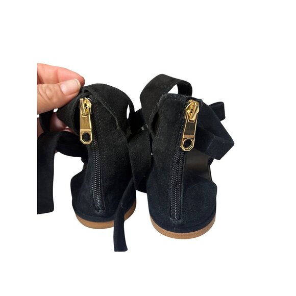 Black Leather & Suede Lace-Up Flat Sandals With Gold Zipper Detail Size 8.5M - Picture 5 of 7